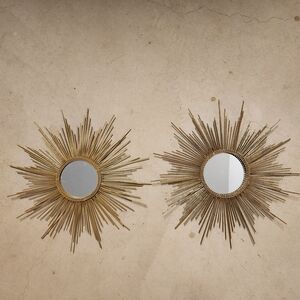Vintage Set Of 2 Gold Sunburst Mid-century Wall Mirrors